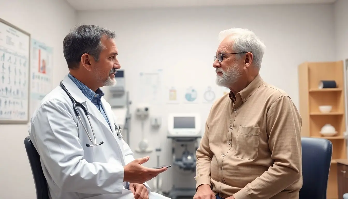 Oberschenkelhalsbruch: Doctor and patient in a bright medical practice.