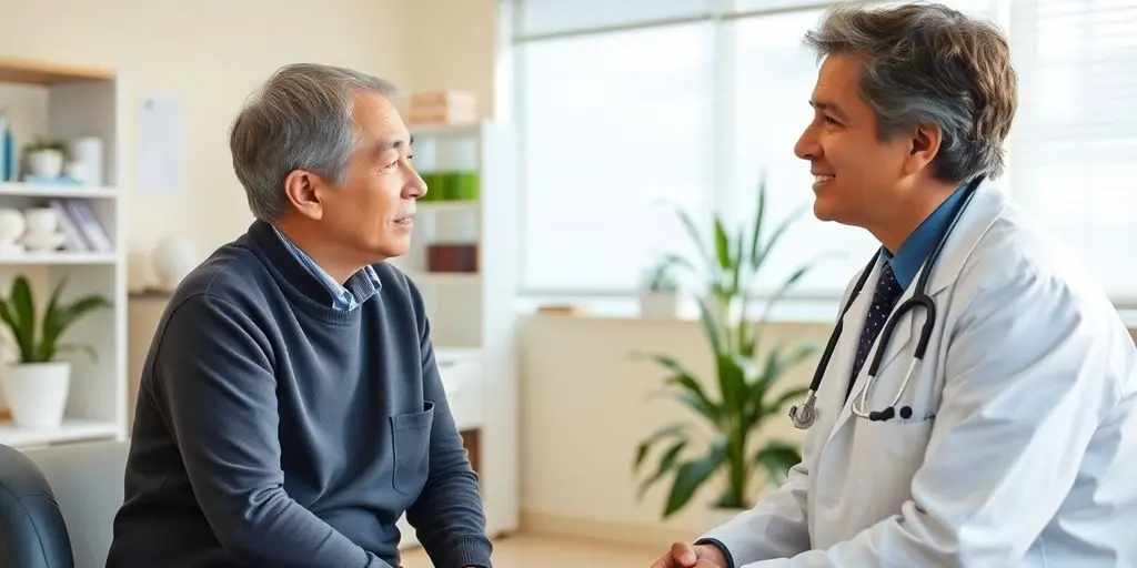 Patient und Arzt in heller medizinischer Praxis.