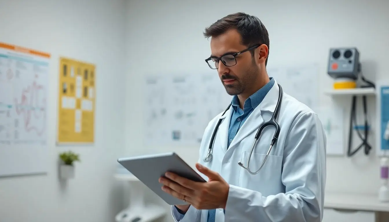 Tularämie: Arzt mit Tablet im Krankenhaus.