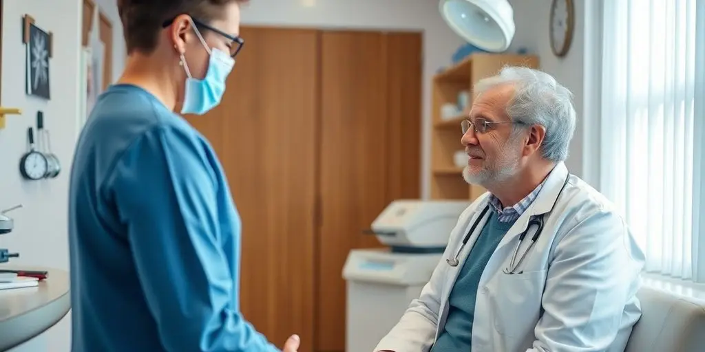Morbus Ledderhose: Patient und Arzt in einer hellen Arztpraxis.