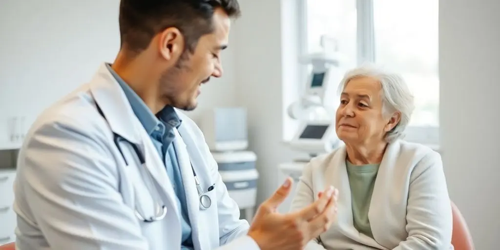 Patient und Arzt in heller Arztpraxis über Morbus Bechterew.