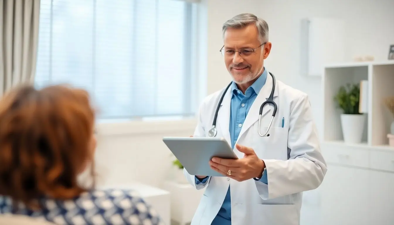 Pemphigus vulgaris: Doctor consulting with a patient in a bright office.