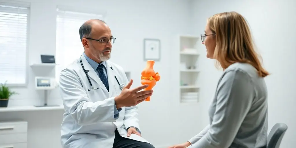Meniskusdegeneration: Patient und Arzt in einer hellen Arztpraxis.