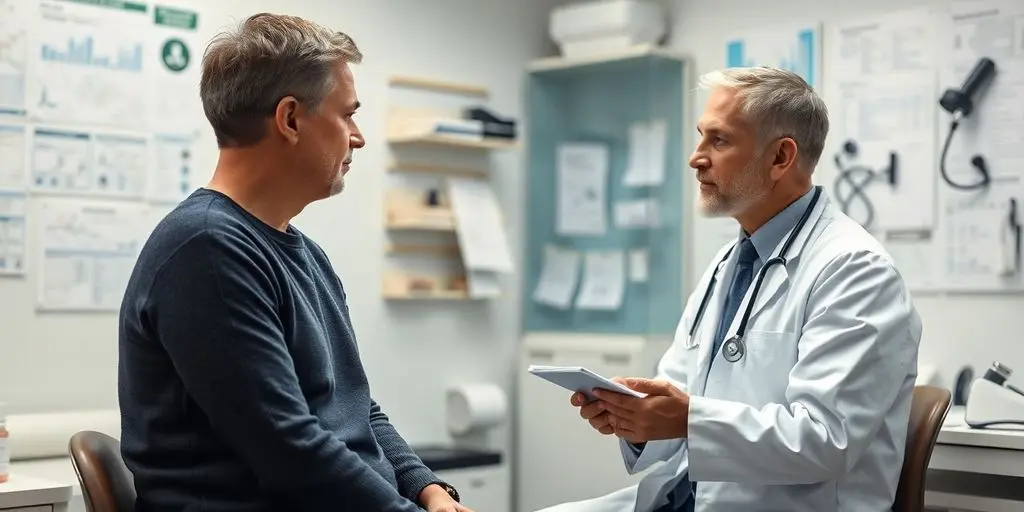 Nasennebenhöhlenentzündung: Patient und Arzt in einer hellen Arztpraxis