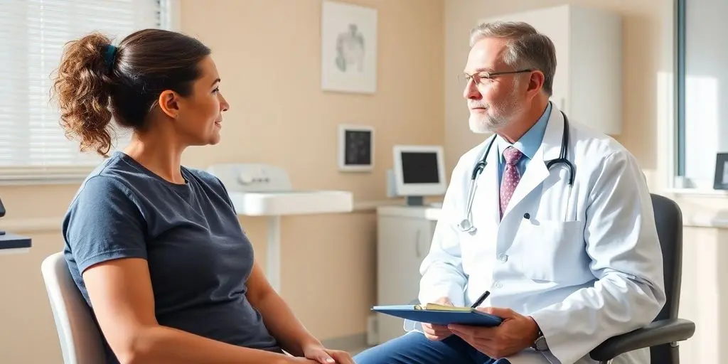 Patient und Arzt in hellem medizinischen Raum.