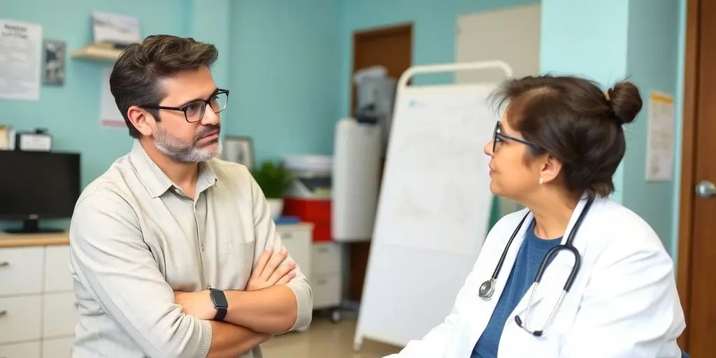 Patient und Arzt in einer hellen Arztpraxis.