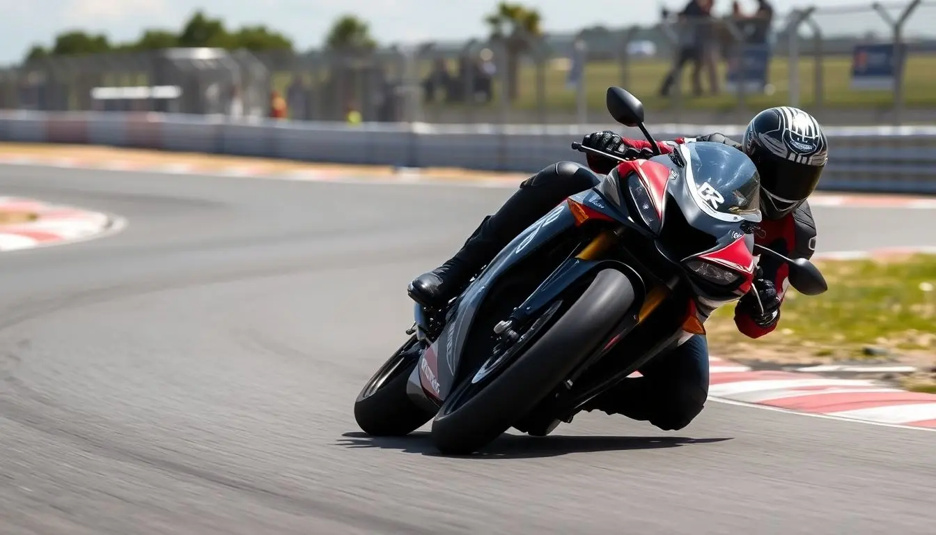 Trackdayversicherung: Motorcycle racing on a track during a track day.