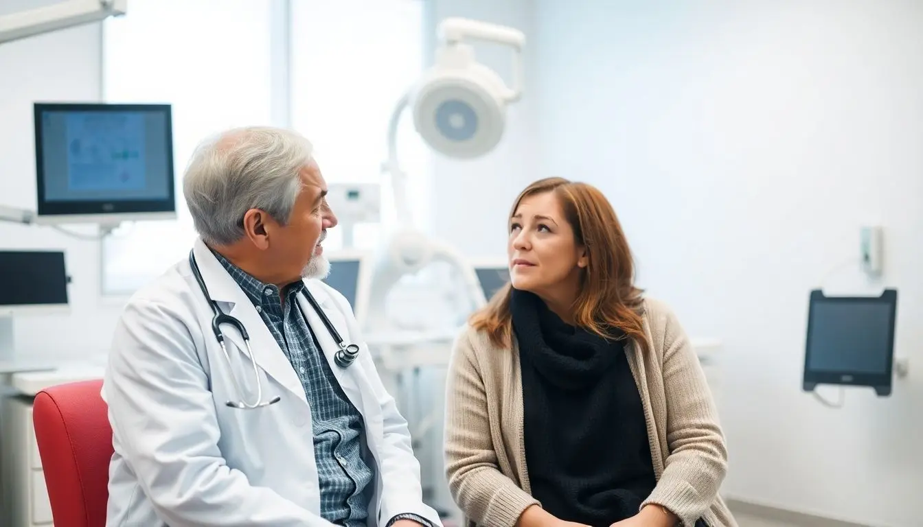 Ösophagusvarizen: Doctor and patient in a bright medical office.