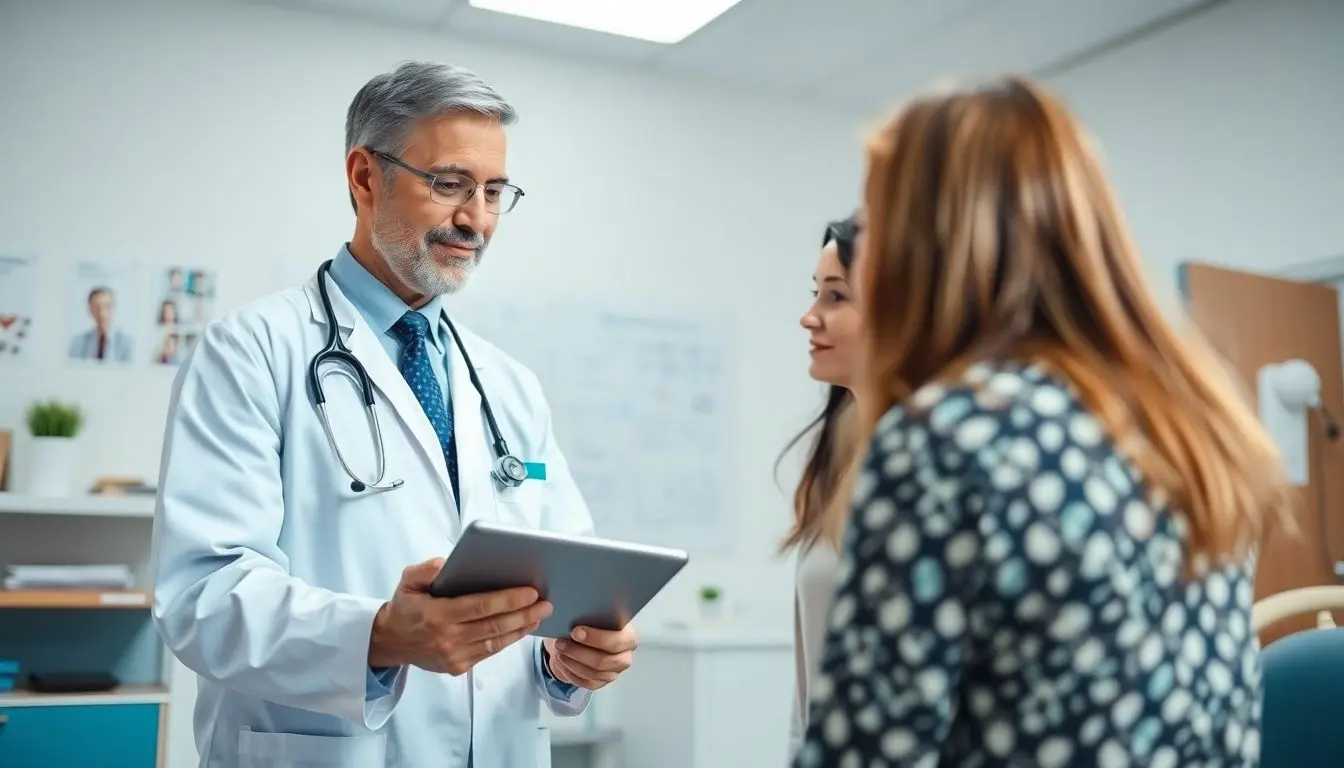 orthostatische Hypotonie: Doctor consulting with a patient in a bright office.