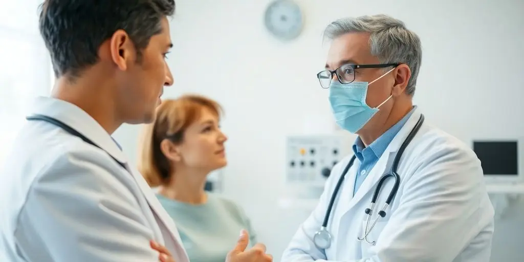 Norovirus: Patient und Arzt in einer hellen Arztpraxis.
