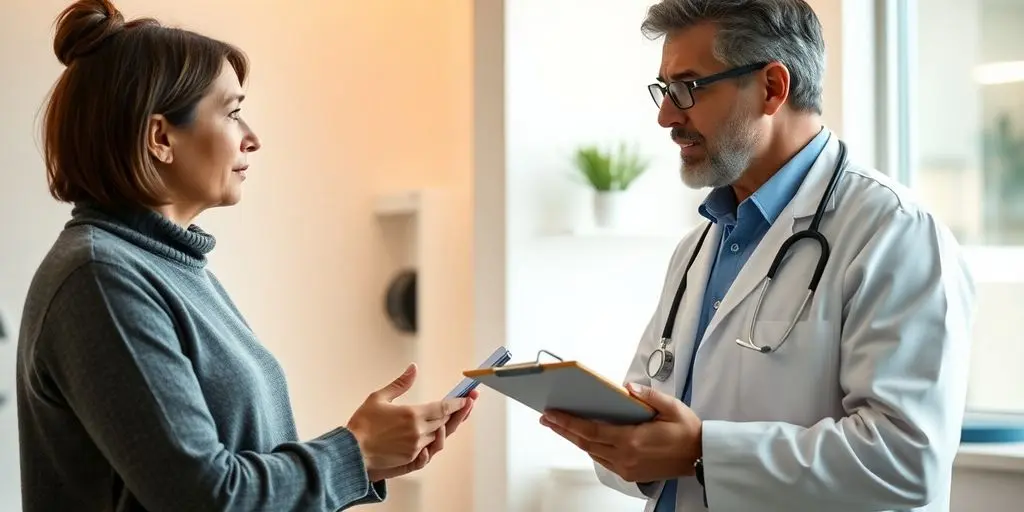 Shigellose: Patient und Arzt in einer hellen Arztpraxis.