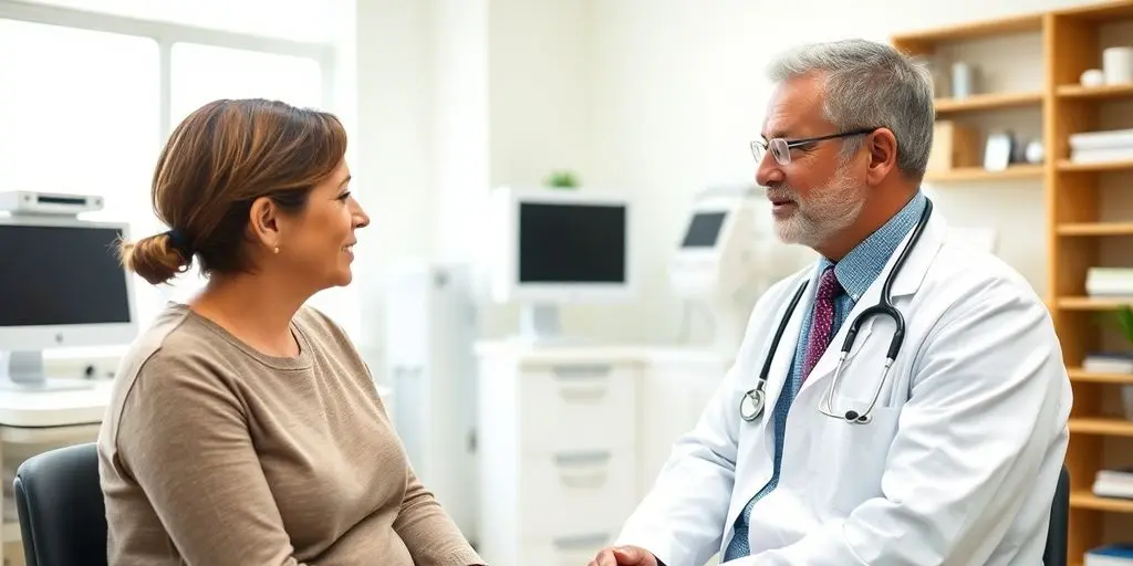 Morbus Dupuytren: Patient und Arzt in einer hellen Arztpraxis.