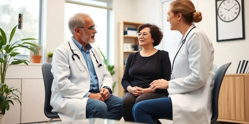 Schilddrüsenüberfunktion: Patient und Arzt in heller medizinischer Praxis.