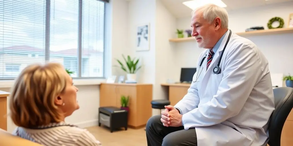 Vertigo: Patient und Arzt in einer hellen Arztpraxis.