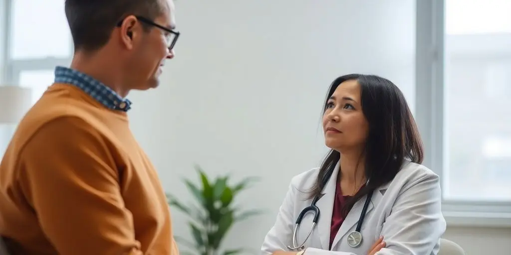 Pneumonie: Patient und Arzt in einer hellen Arztpraxis.