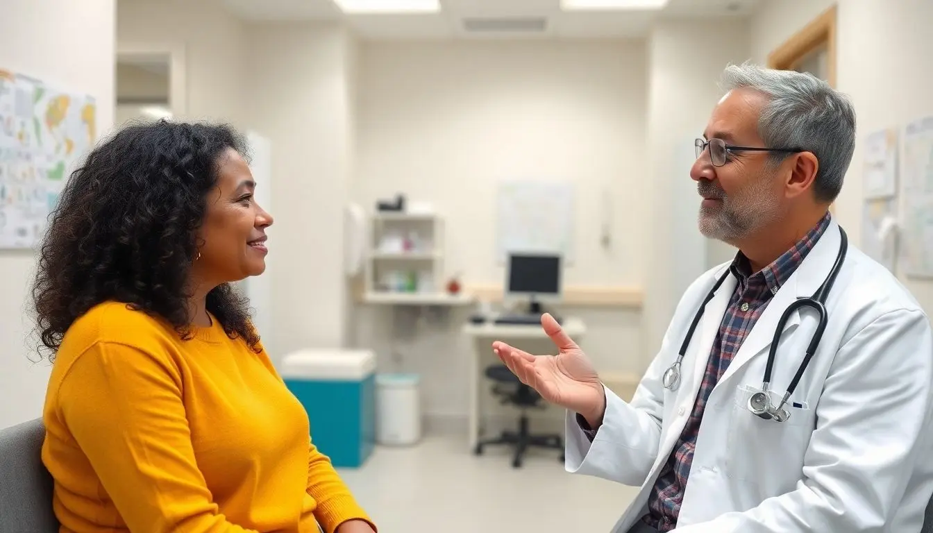 Morbus Menière: Doctor and patient consultation in a bright office.