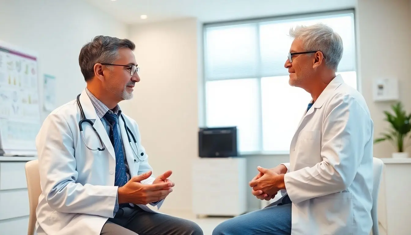 Nierenversagen: Doctor and patient in a bright medical office.