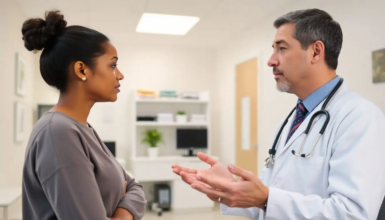 Trichuriasis: Doctor and patient discussing health in a bright office.