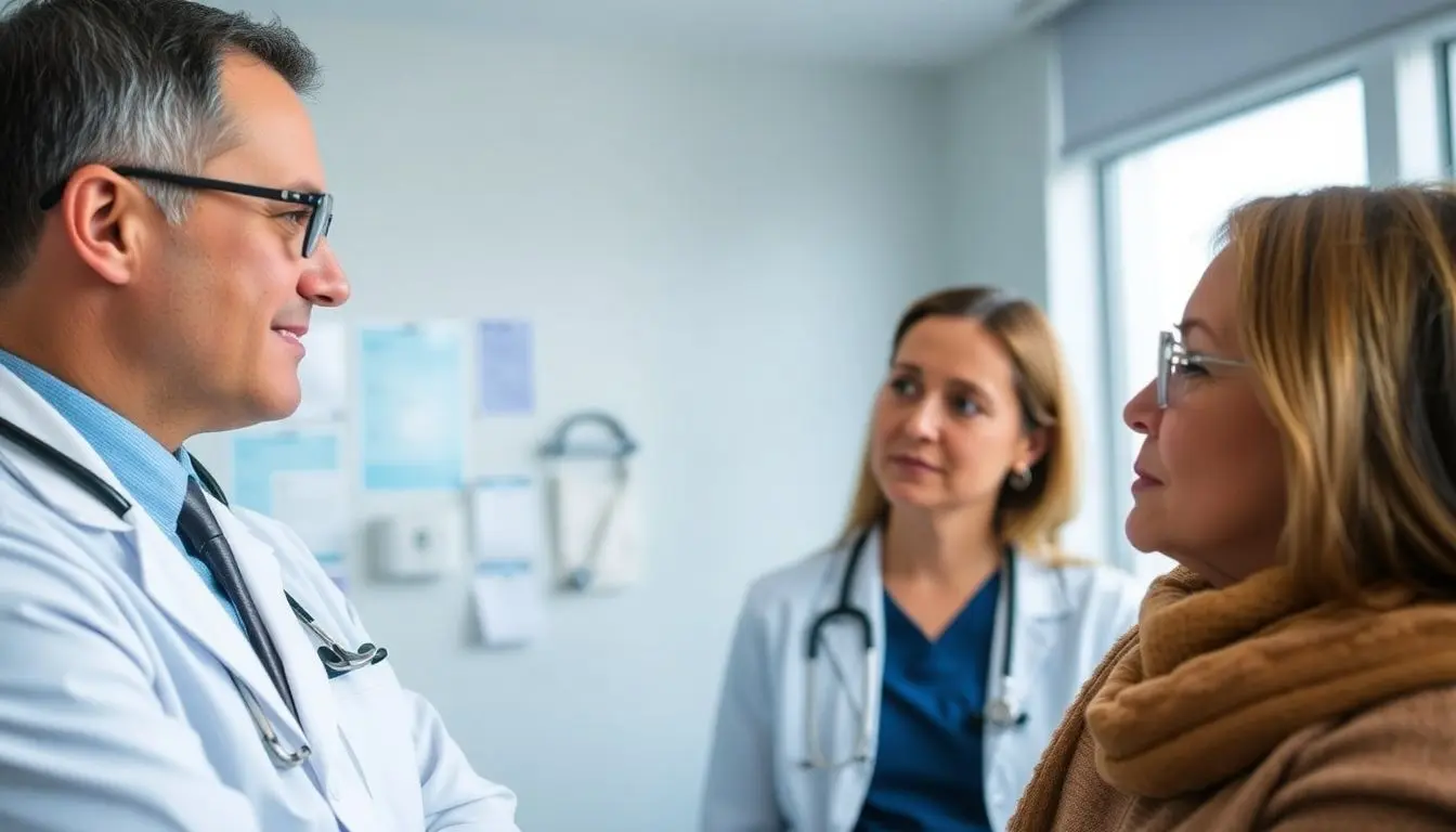 Onchozerkose: Doctor and patient in a bright medical office.
