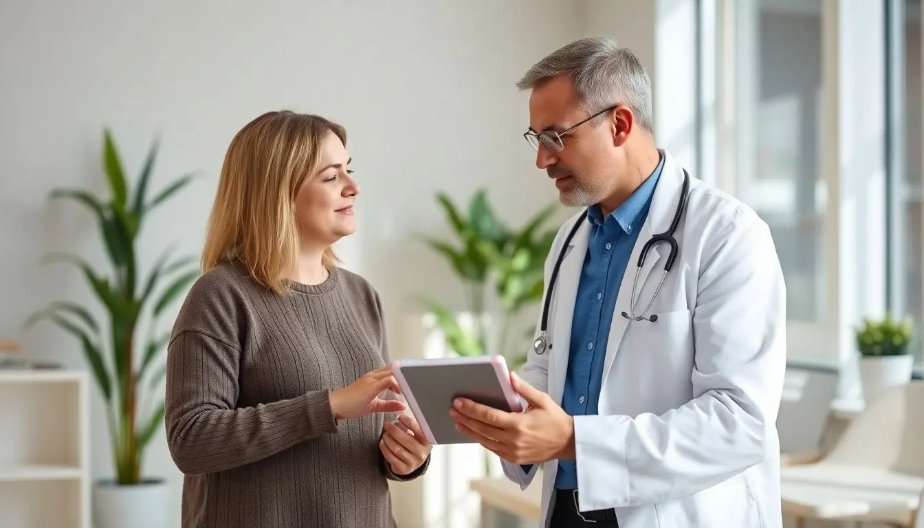 Zerrungen: Doctor consulting patient about muscle strains in bright office.