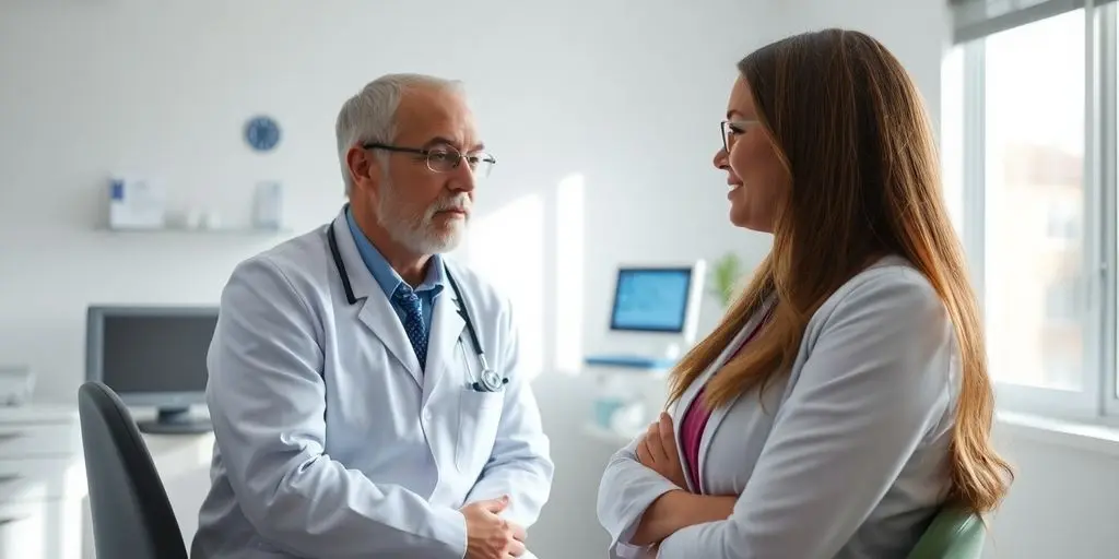 Neurodermitis: Patient und Arzt in hellen, medizinischen Praxisräumen.