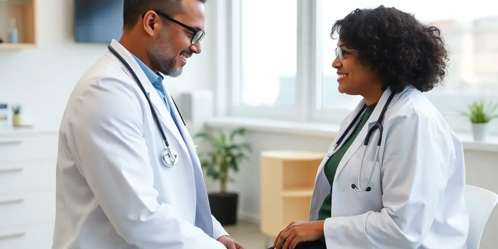 Patient und Arzt im hellen medizinischen Raum.