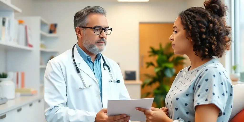 Patient und Arzt in einer hellen Arztpraxis.