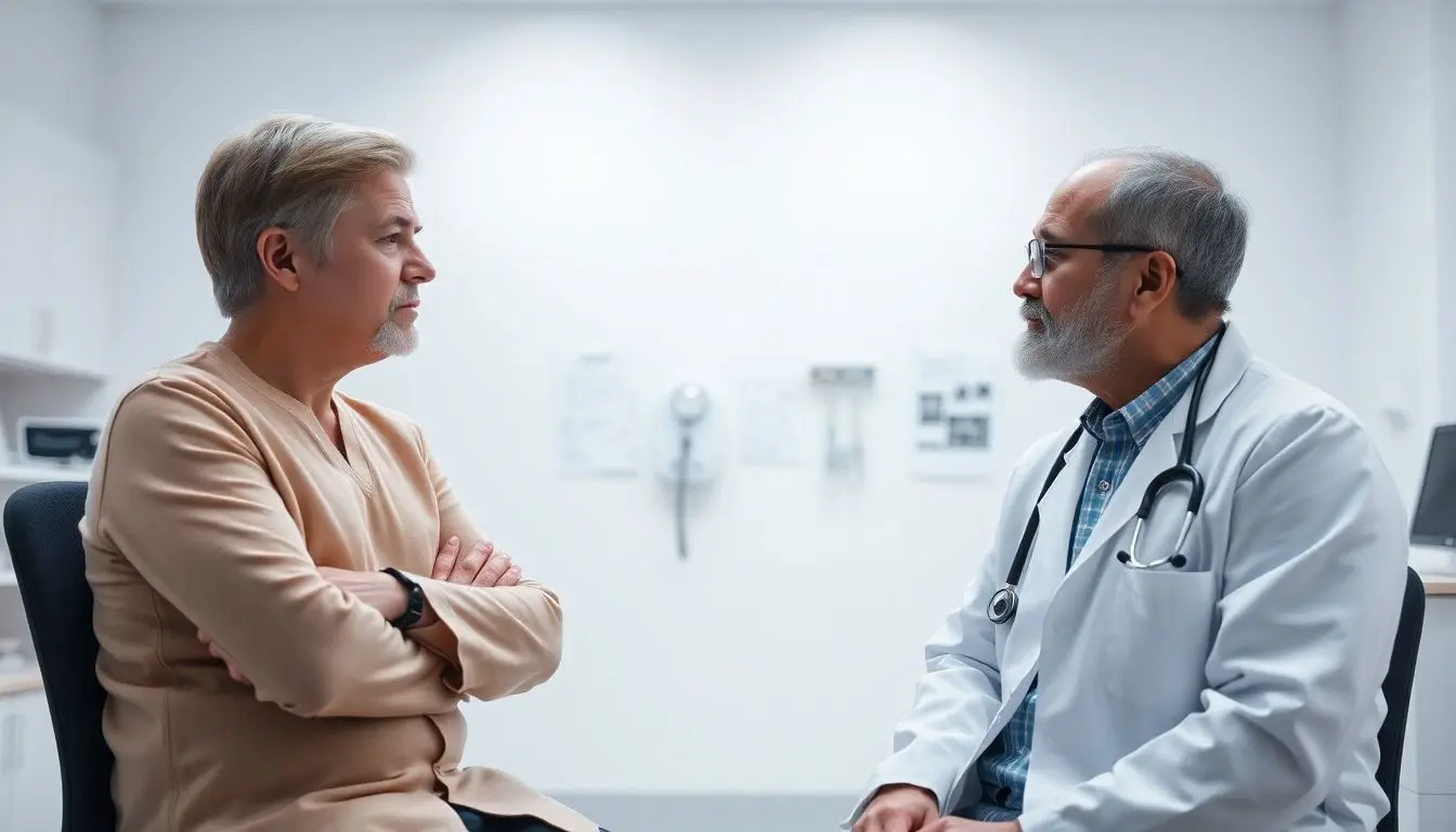 Affenpocken: Doctor consulting with a patient in a bright office.