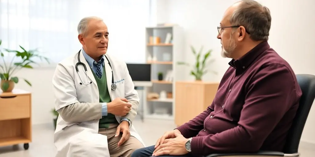 Multiples Myelom: Patient und Arzt in einer hellen Arztpraxis.