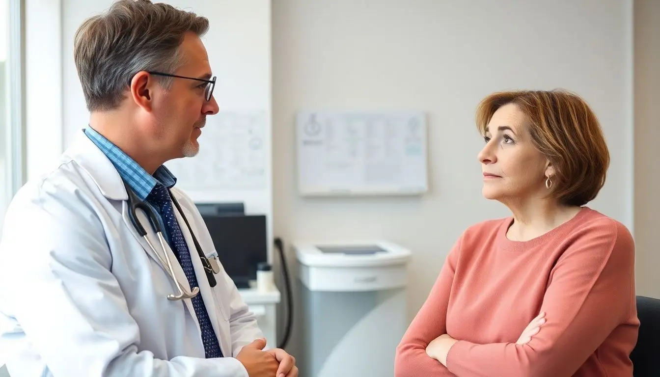 Diarrhoe: Doctor and patient consultation in a bright medical office.