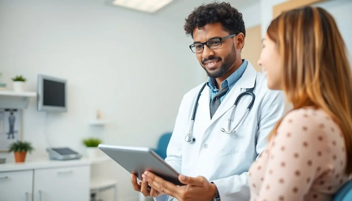 Myome: Doctor consulting with patient about myomas in bright office.