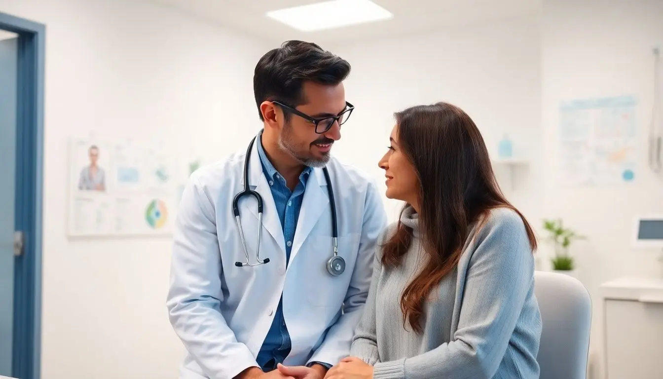Mononukleose: Doctor and patient in a bright medical office.