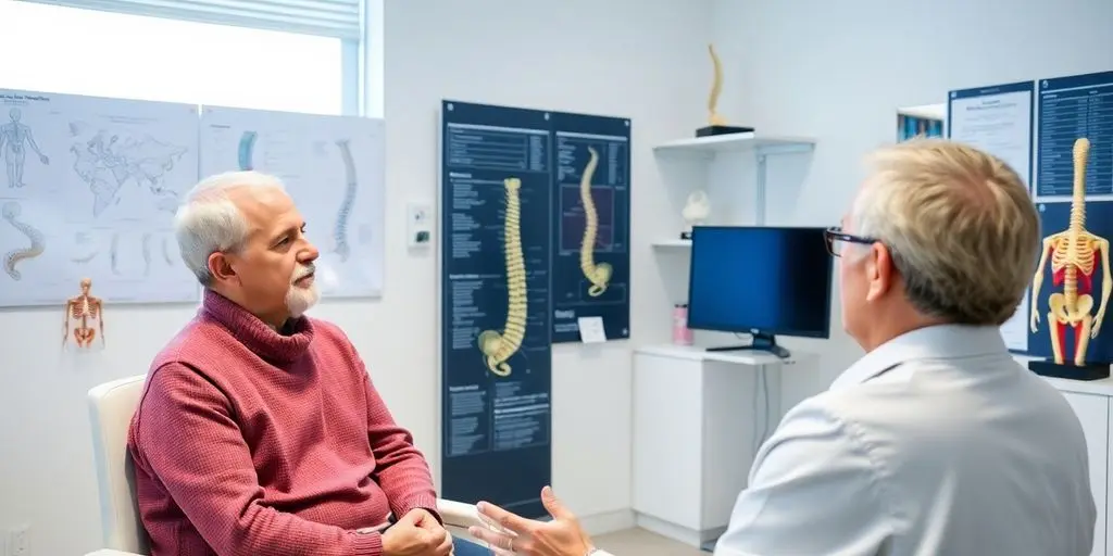 Morbus Scheuermann: Patient und Arzt in einer hellen Arztpraxis.