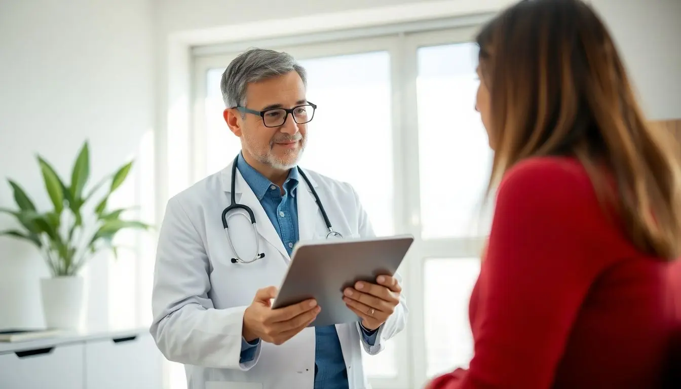 Patient und Arzt im hellen Behandlungsraum für Otitis media.
