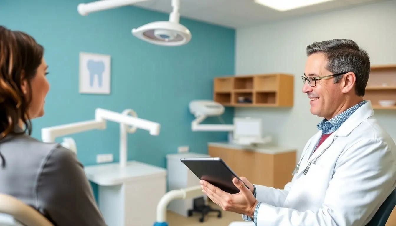 Parodontitis: Dentist with tablet in a bright dental office.