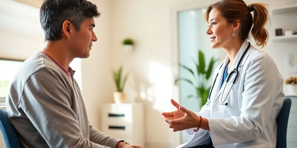 Patient und Arzt im Gespräch über Tonsillitis-Behandlung.