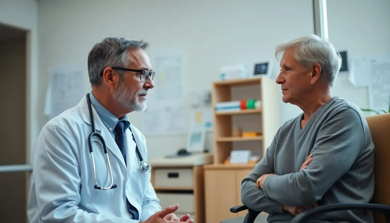 Mundsoor: Doctor and patient in a bright medical office.