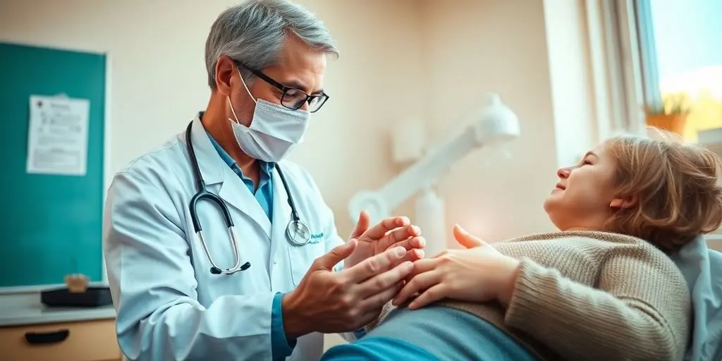 Arzt behandelt Patient mit Erfrierungen in Arztpraxis.