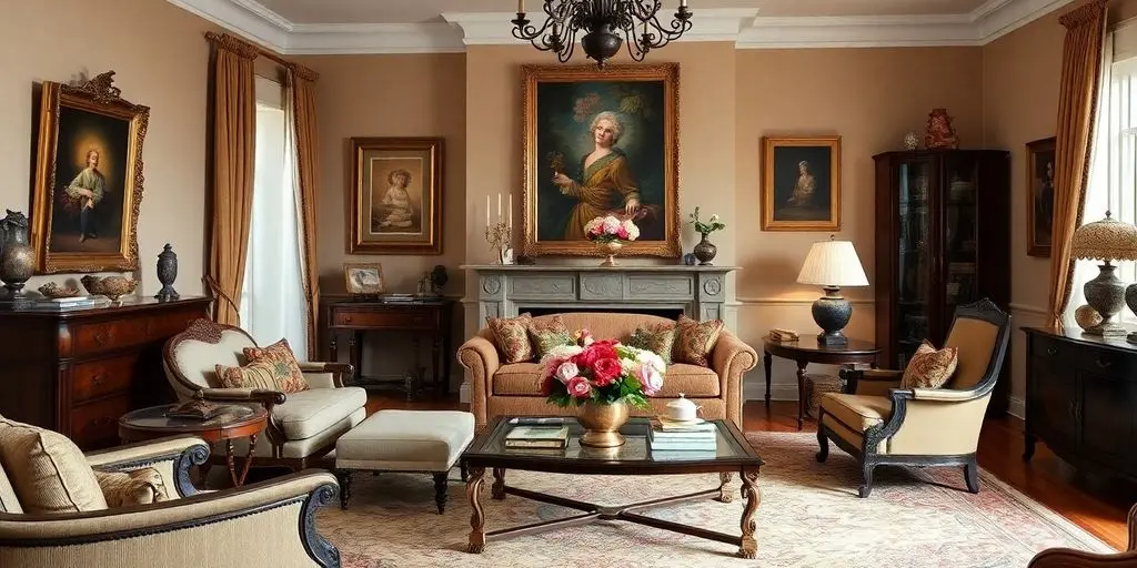 Elegantes Wohnzimmer mit wertvollem Hausrat und Kunstwerken.