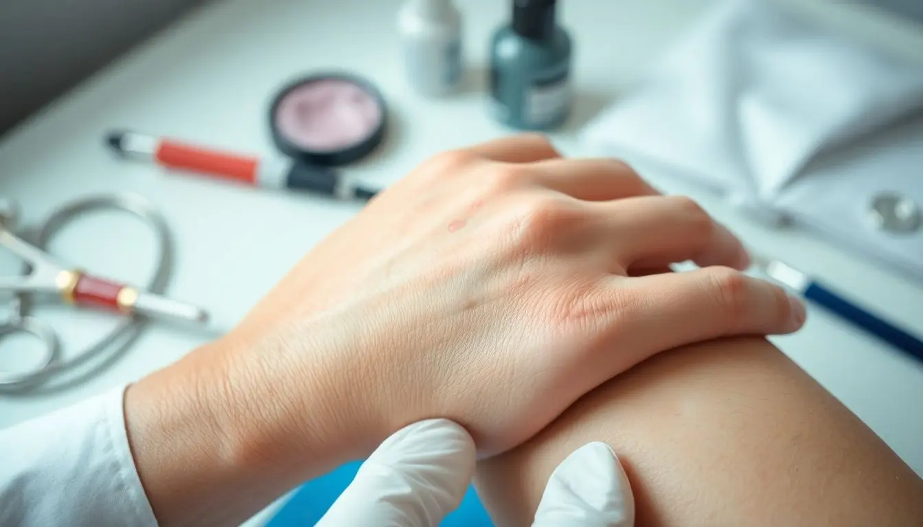 Kontaktallergie: Doctor examining skin with contact allergy symptoms.