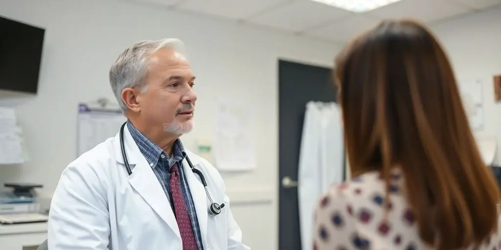 Facharzt für Innere Medizin untersucht Patient in moderner Arztpraxis.