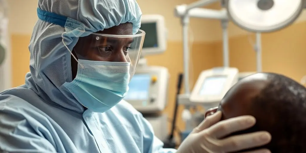 Ärztin in Schutzkleidung behandelt Ebola-Patienten.