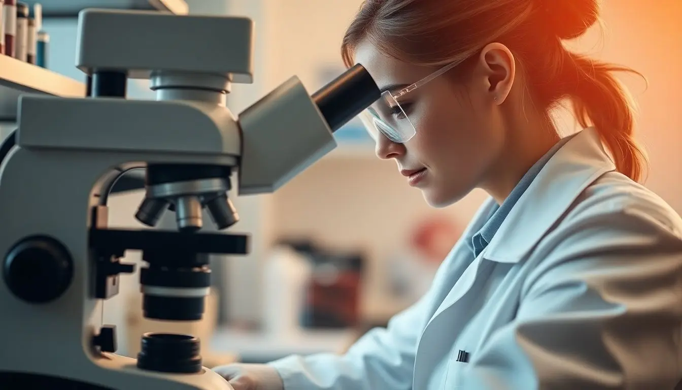 Enteroviren: Doctor examining samples under a microscope in a lab.