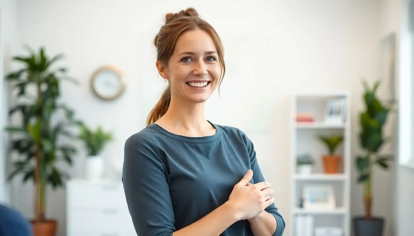 Smiling osteopath in bright clinic.
