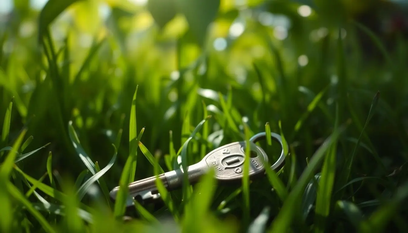 A key lost in green grass.