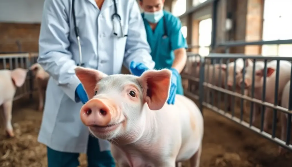 Schweinebandwurm: Veterinarian examining a healthy pig in a clean barn.