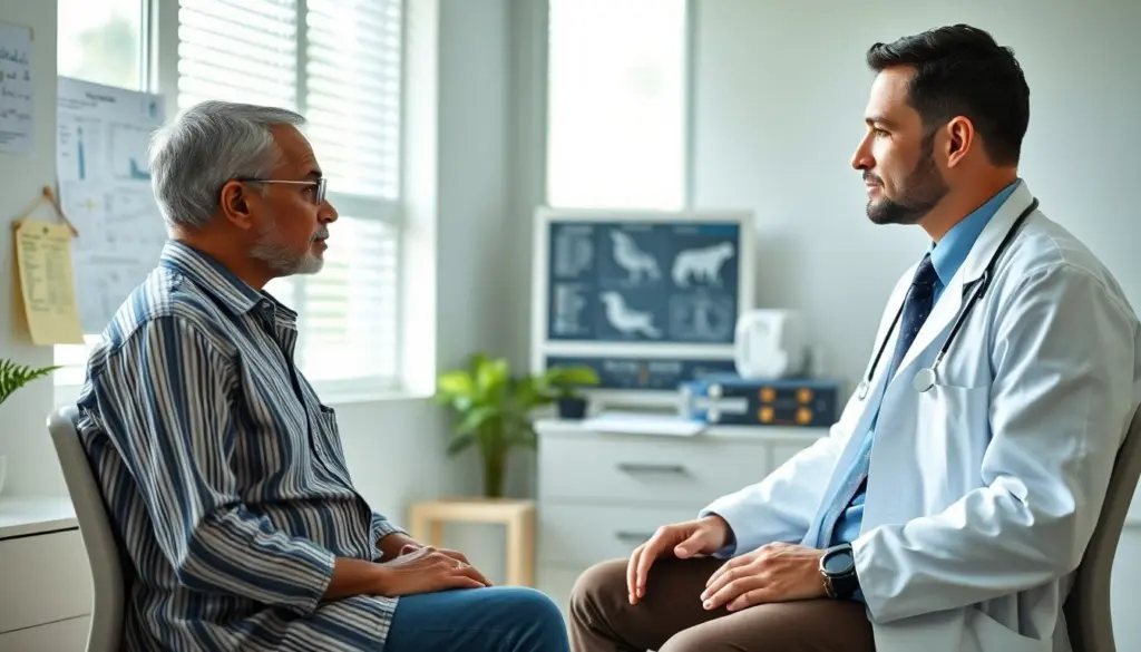 Plasmodien: Doctor consulting patient in bright medical office.
