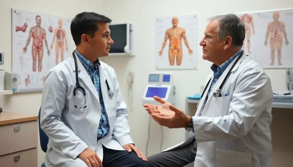 Starrkrampf: Doctor discussing tetanus symptoms with a concerned patient.