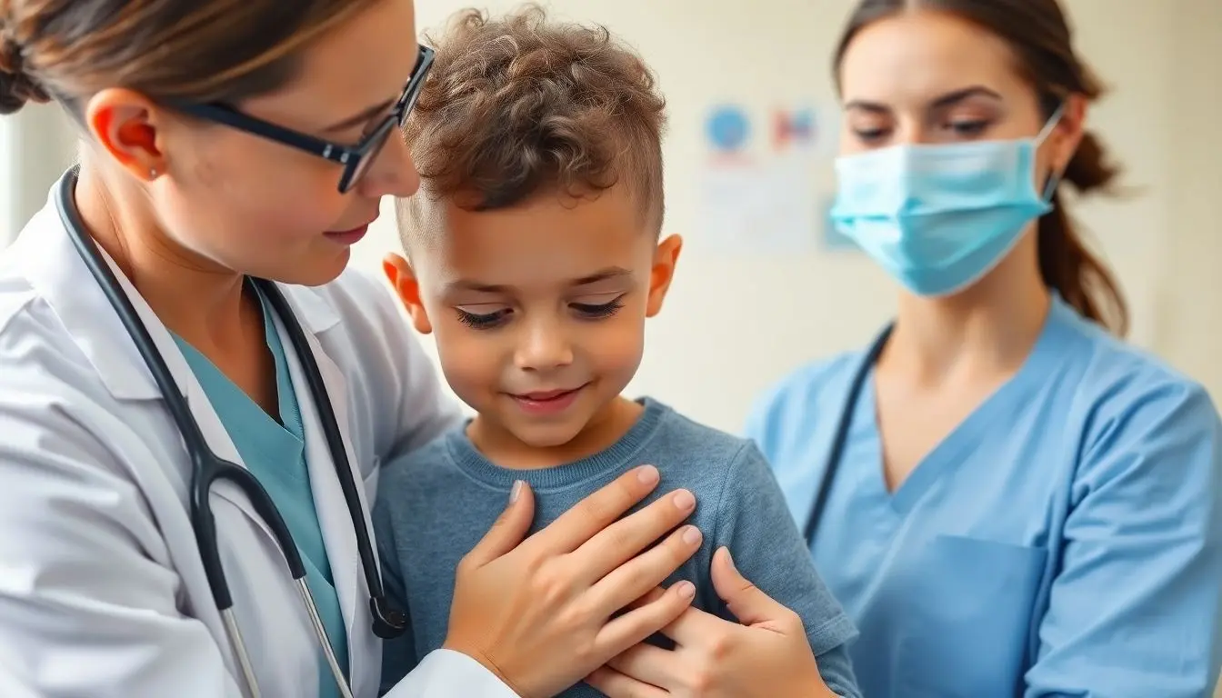 Varizellen: Doctor examining a child with chickenpox symptoms.