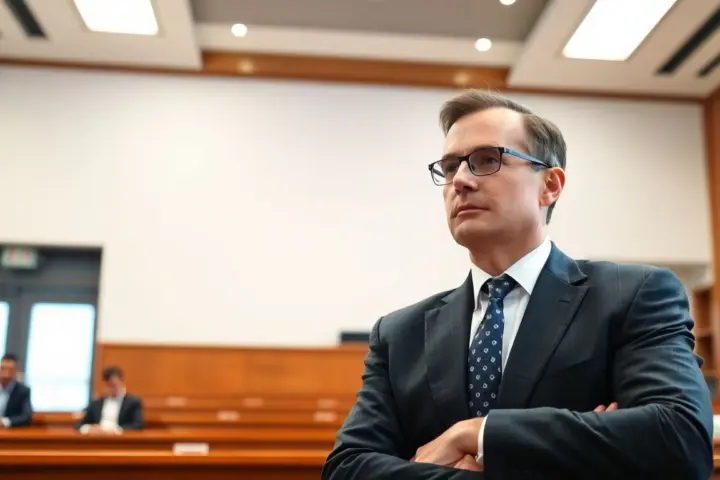 Lawyer in a bright modern courtroom discussing insurance rights.